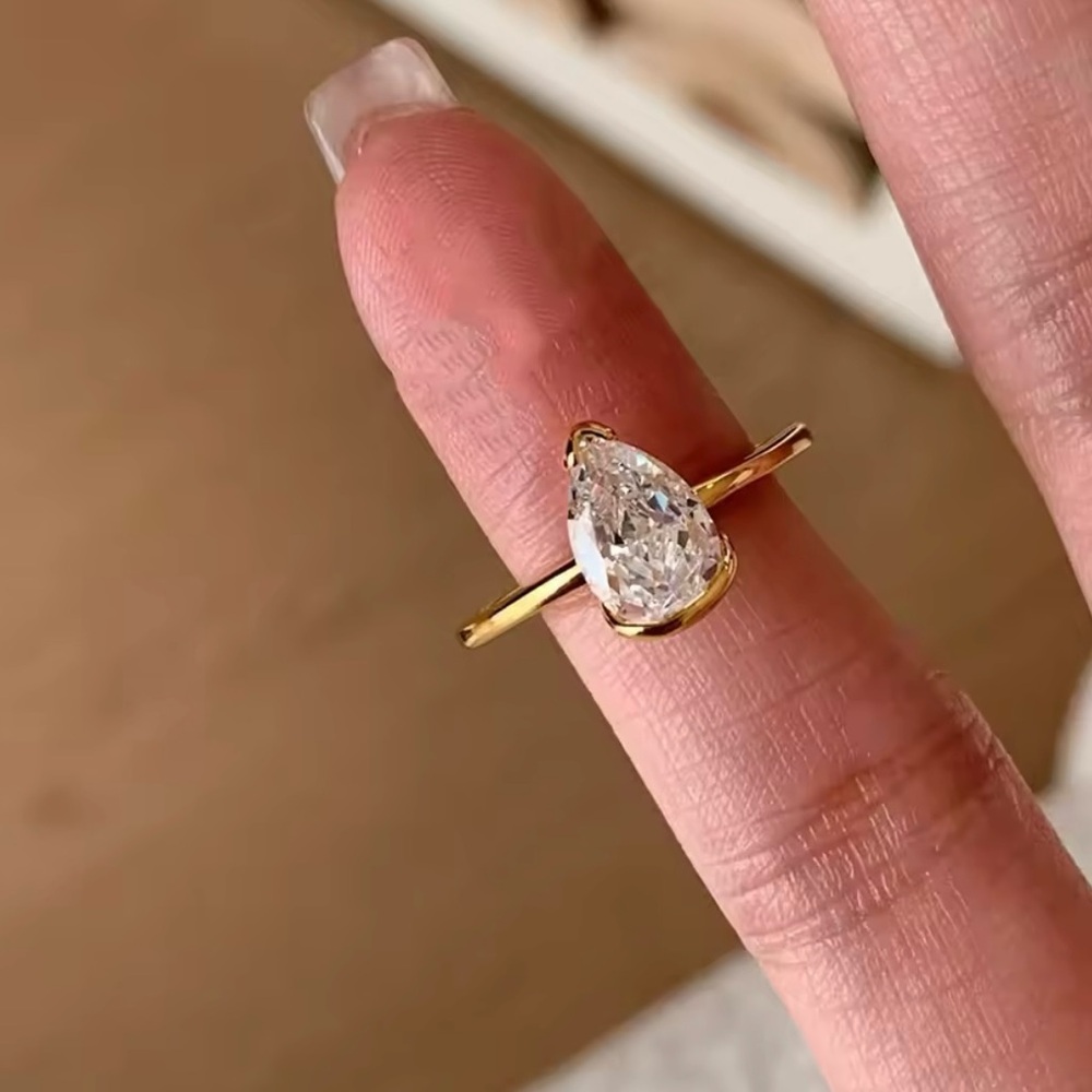 18k Yellow Gold/925 2.46ct Pear Cut Zircon Diamond Solitaire Adjustable Ring!
